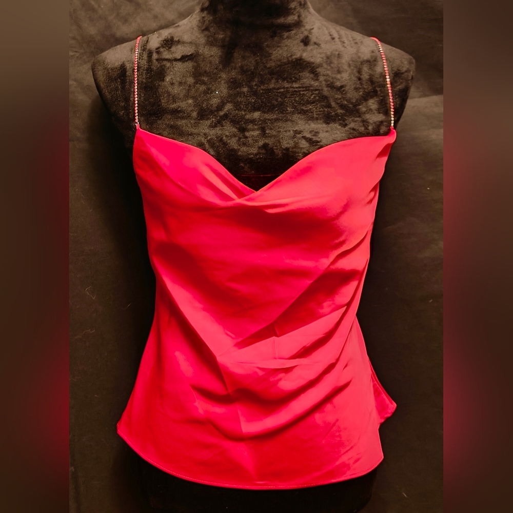Red Satin Cowl Neck Cami with Rhinestone Chain Straps Sz XS